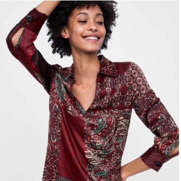 Zara patch quilt print  satin vee neck collar mini dress - Picture 3 of 9